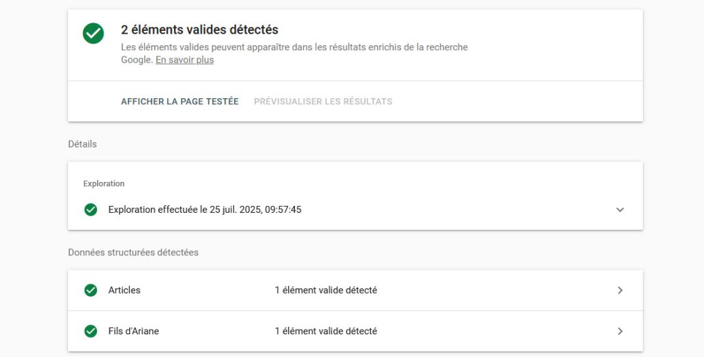 Une capture d'écran de l'outil de test de contenus enrichis de google