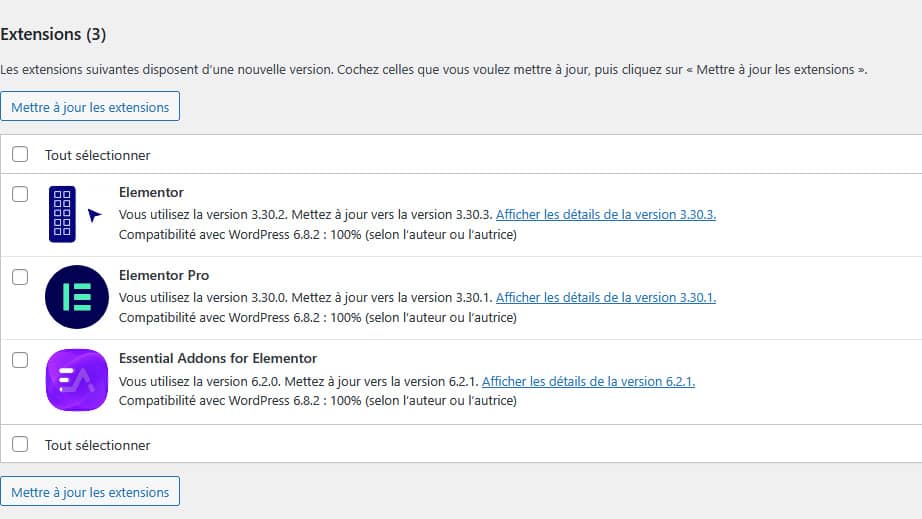 Panneau de mise à jour de wordpress