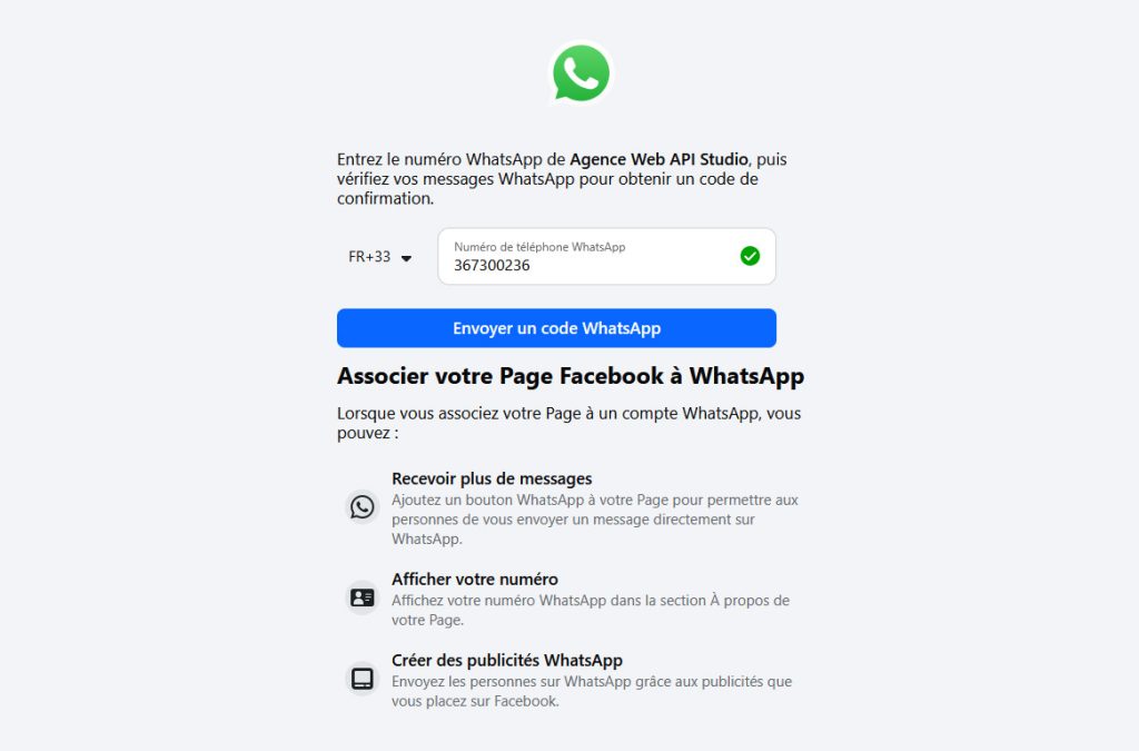 Panneau d'association d'un compte whatsapp à une page faceook