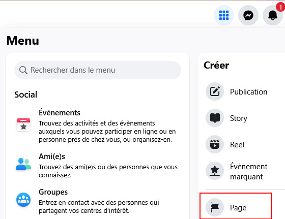 Menu de gestion de Facebook