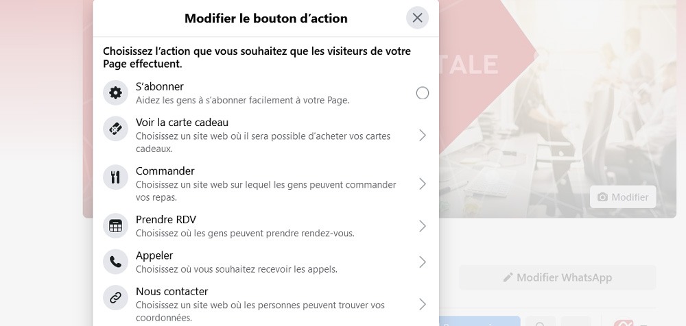 Modifier le bouton d'action d'une page facebook