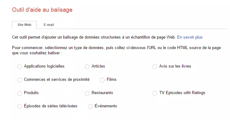 Outil d'aide au balisage schema Google