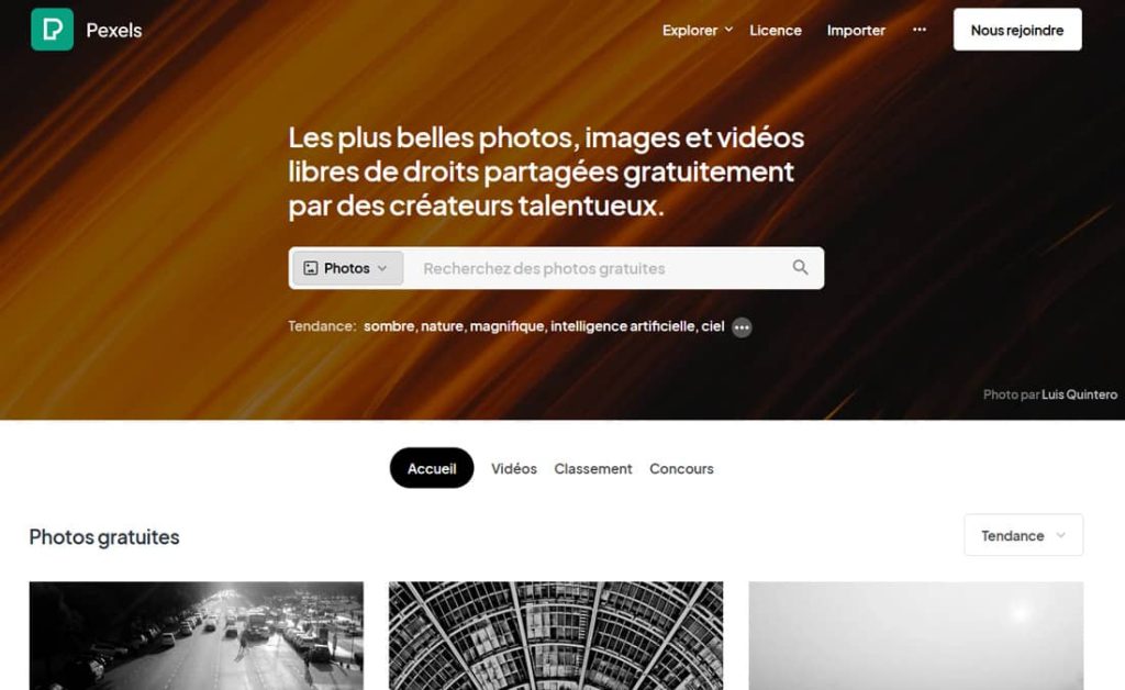 Capture d'écran du site Pexels